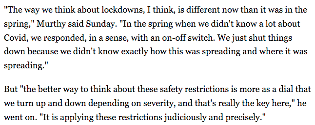 Vivek Murthy, the co-chair of Biden's coronavirus taskforce, was also quick to reject lockdowns as unnecessary. "We have got to approach this with the position of a scalpel rather than the blunt force of an ax." 25/ https://www.politico.com/news/2020/11/15/lockdown-biden-coronavirus-taskforce-436594