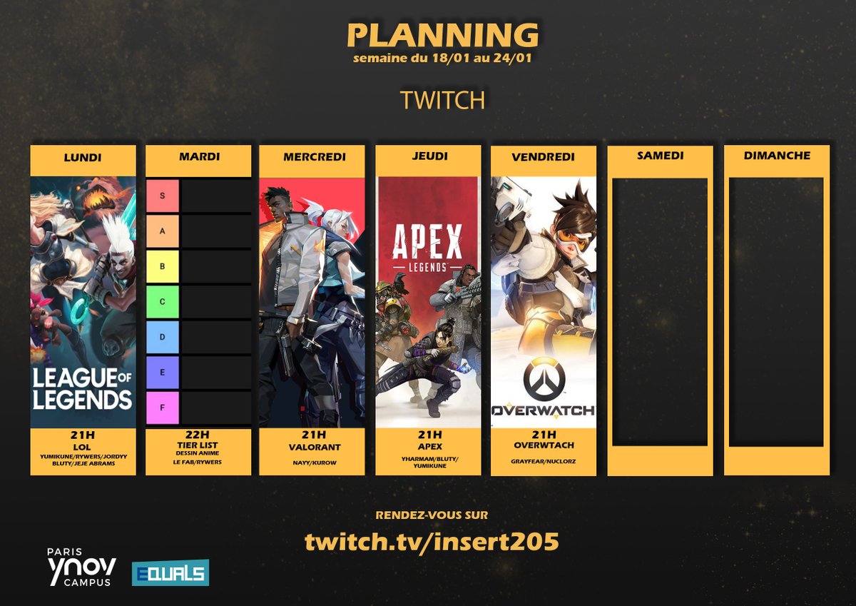 insert205's tweet photo. Les streams sont de retour et voici le planning de la semaine du 18/01 : https://t.co/2CFRnEiqGA