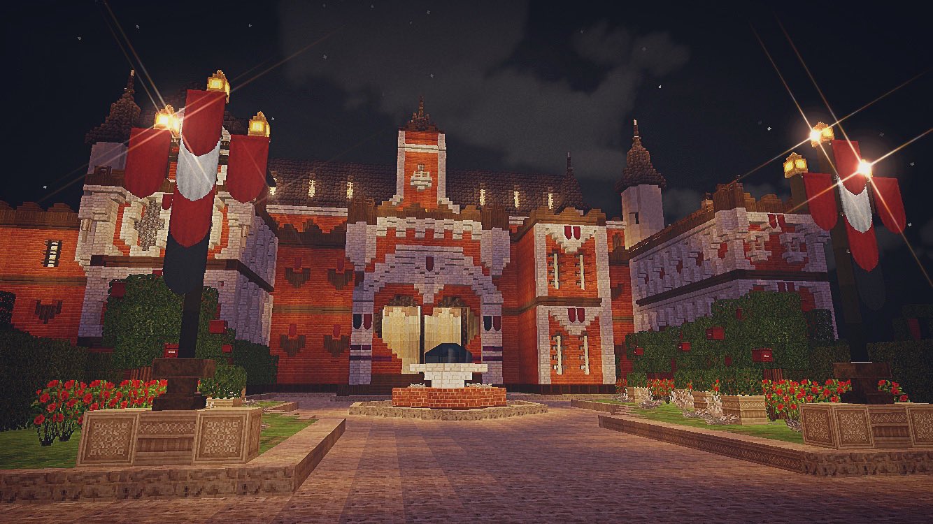 あかねこ マイクラ再現建築 Disney ツイステッドワンダーランド ハートの女王の厳格な精神に基づく寮 ハーツラビュル寮 ツイステは未プレイですww Minecraft建築コミュ マイクラpe