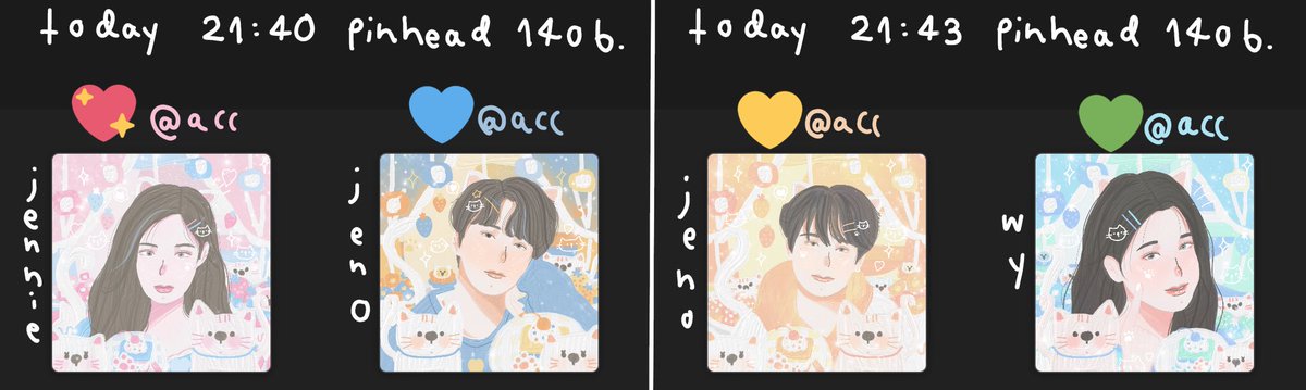 xkangstore's tweet image. pin head 140b
today 

21:40  💖@acc💙@acc
21:43  💛@acc💚@acc

(งานเฟแงวขอให้คนที่ยังไม่เคยได้ธีมนี้นะค้าบ)
* สามารถช่วยจองได้ค้าบ
* สงสัยอะไรโควตถามได้เลยคับ✨
* เปลี่ยนชื่ออย่างเดียวนะค้าบ