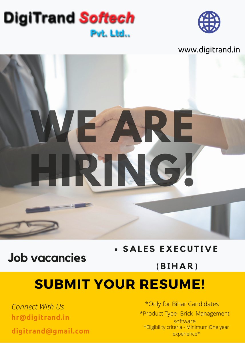 #Jobopening for #Salesexecutive in an early #startup with a #goodsalary + #Incentives.
Location- #Bihar.
Apply at digitrand.in or mail your resume to hr@digitrand.in / digitrand@gmail.com
#job #vacancy #recuritment #Salesforce #salesman #salesexecutivejobs #freshers