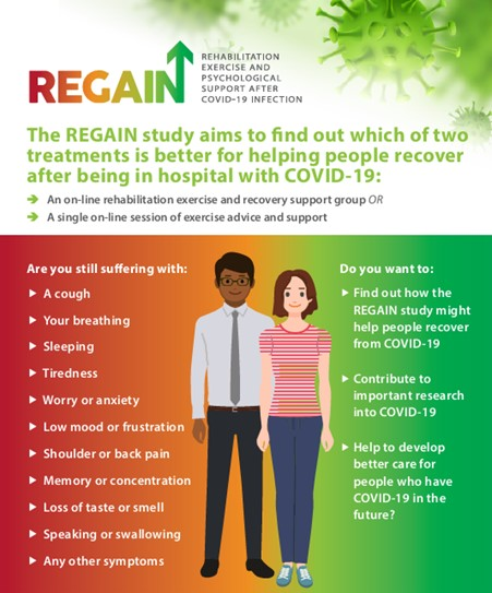 REGAIN Study (@regainstudy) on Twitter photo The REGAIN study is now open to recruitment, it will investigate whether a tailored online exercise & support programme would benefit those experiencing long-term symptoms of COVID-19. If you would like to take part, please visit: warwick.ac.uk/regain
<a href="/Gord_McG/">Gordon McGregor</a>
<a href="/jxbruce/">Julie Bruce 🇺🇦</a> The REGAIN study is now open to recruitment, it will investigate whether a tailored online exercise & support programme would benefit those experiencing long-term symptoms of COVID-19. If you would like to take part, please visit: warwick.ac.uk/regain
<a href="/Gord_McG/">Gordon McGregor</a>
<a href="/jxbruce/">Julie Bruce 🇺🇦</a>