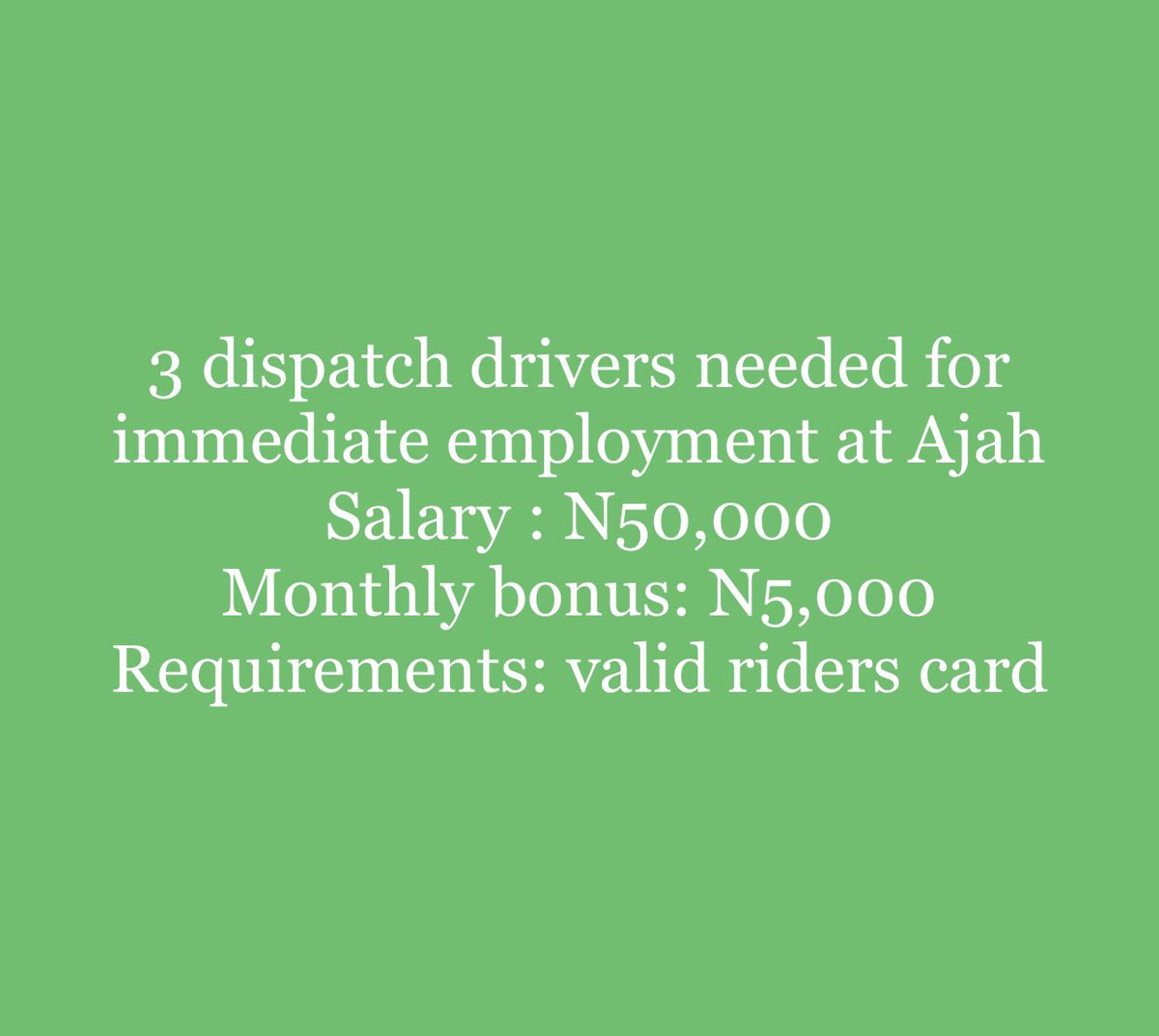 Urgent need of 3 riders that reside on the Island for immediate employment for a Logistics company in Lagos.
Contact 0704 428 3793 for more details
Kindly repost!!!
#LUTH #Rinu #EndSars #COVIDSecondWave #Lagos #Dispatch #Riders #Ride9ja #Nigerjobs #Jobs