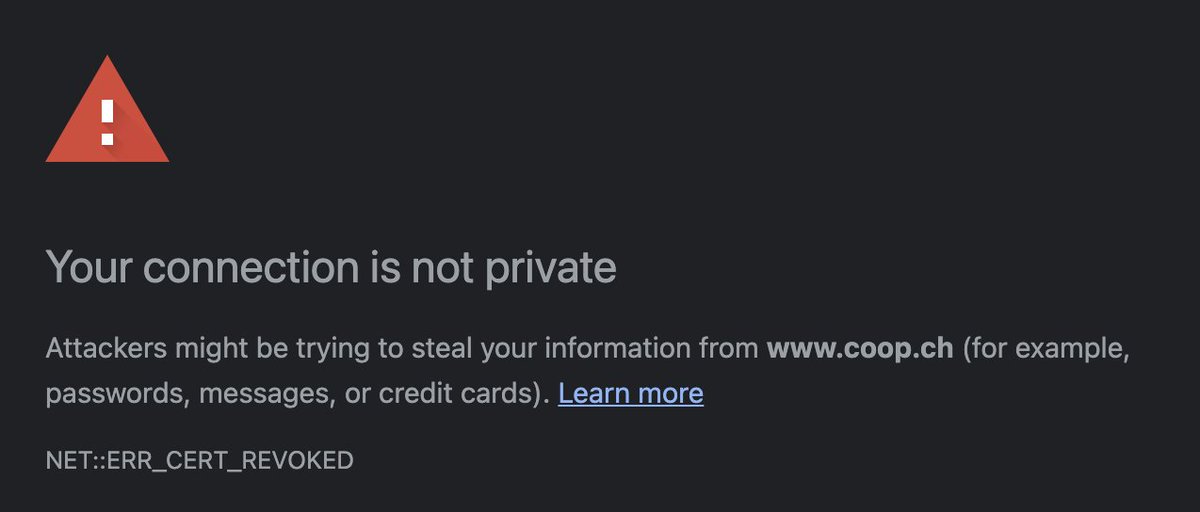 gschaer's tweet photo. Hey @coop_ch, most of your websites don't work anymore on Chrome. Could you please share this to your IT support team? (Due to QuoVadis Global SSL ICA G3 revocation) https://t.co/hpCBbEnDq1