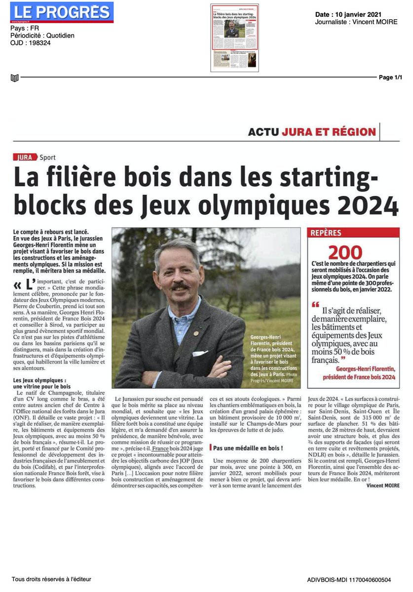 Retrouvez l'interview de Georges-Henri FLORENTIN dans Le Progrès au sujet de la filière bois et les Jeux Olympiques 2024 📰

#bois #developpementdurable #jeuxolympique2024
