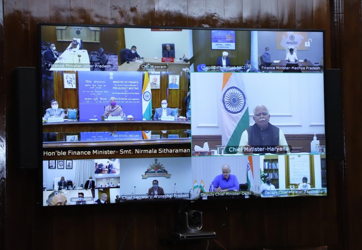 FinMinIndia's tweet photo. Union Finance Minister Smt. @nsitharaman holds Pre-Budget meeting for upcoming Budget 2021-22 with Finance Ministers of all States and Union Territories (with legislature) through video conferencing in New Delhi today. (1/2) https://t.co/wD3xXQcxVx