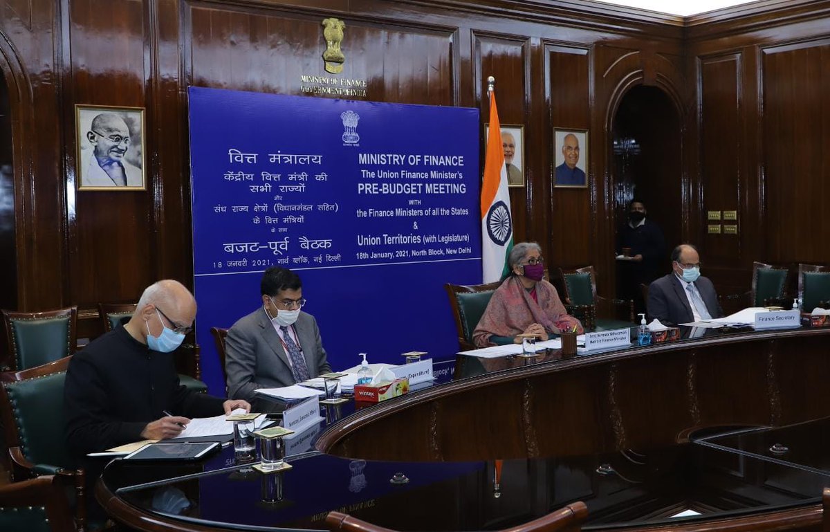 FinMinIndia's tweet photo. Union Finance Minister Smt. @nsitharaman holds Pre-Budget meeting for upcoming Budget 2021-22 with Finance Ministers of all States and Union Territories (with legislature) through video conferencing in New Delhi today. (1/2) https://t.co/wD3xXQcxVx