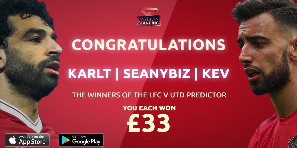 LastFanStandin1's tweet photo. Stalemate at Anfield... 🤨

Congrats to the 3 winners of @TheAnfieldWrap Predictor Game with @johngibbonsblog &amp; @Knox_Harrington:
- KARLT
- SEANYBIZ
- KEV

They've all won £33 pound each. 💸

#LastFanStanding https://t.co/57H4viyLpK