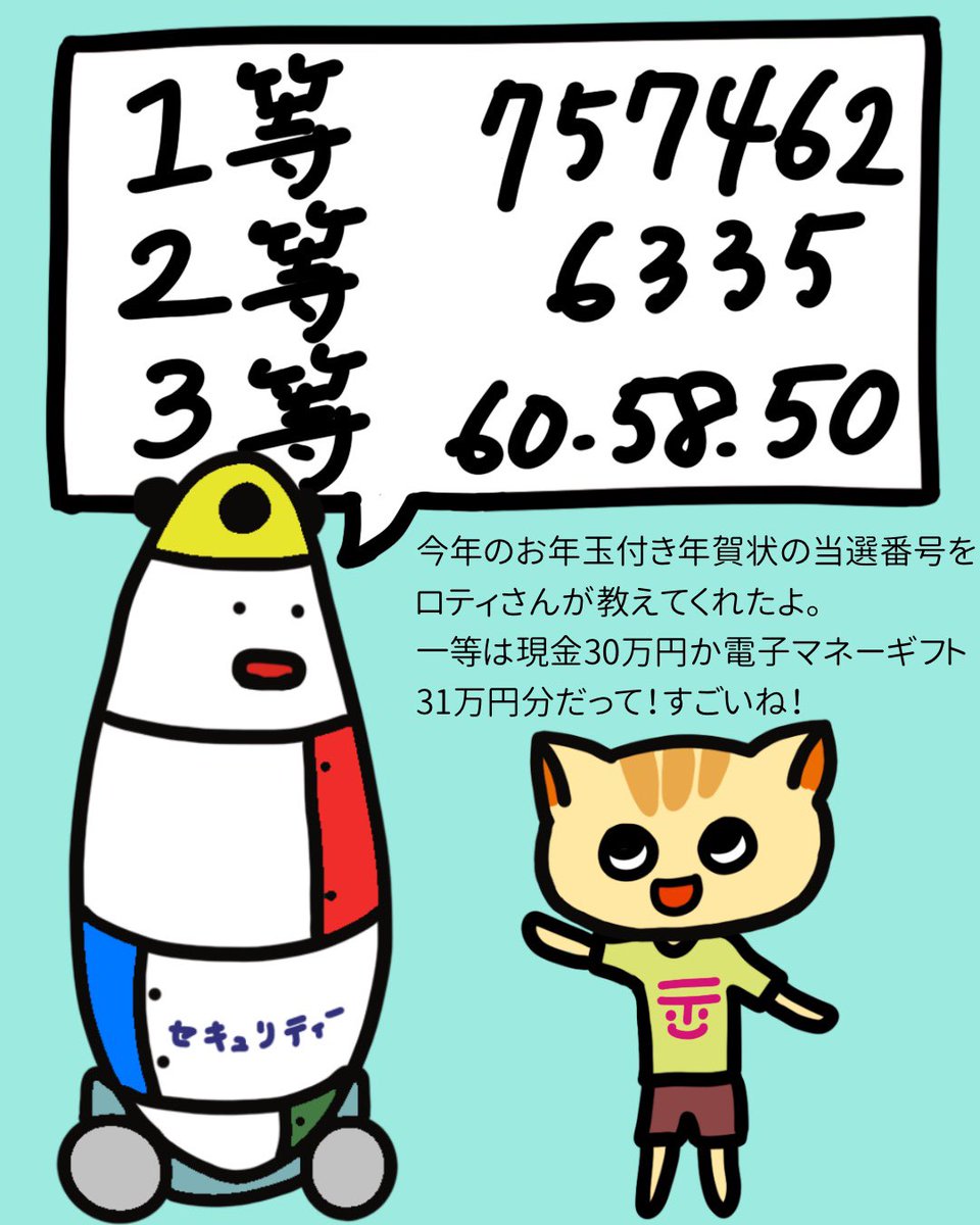 うまくいくねこ公式ツイッター A Twitteren 今年のお年玉付き年賀状の当選番号を ロティさんが教えてくれたよ 一等は現金30万円か電子マネーギフト31万円分だって うまくいくねこ ねこ お年玉付き年賀状 うまくいく イラスト ポジティブ ゆるキャラ