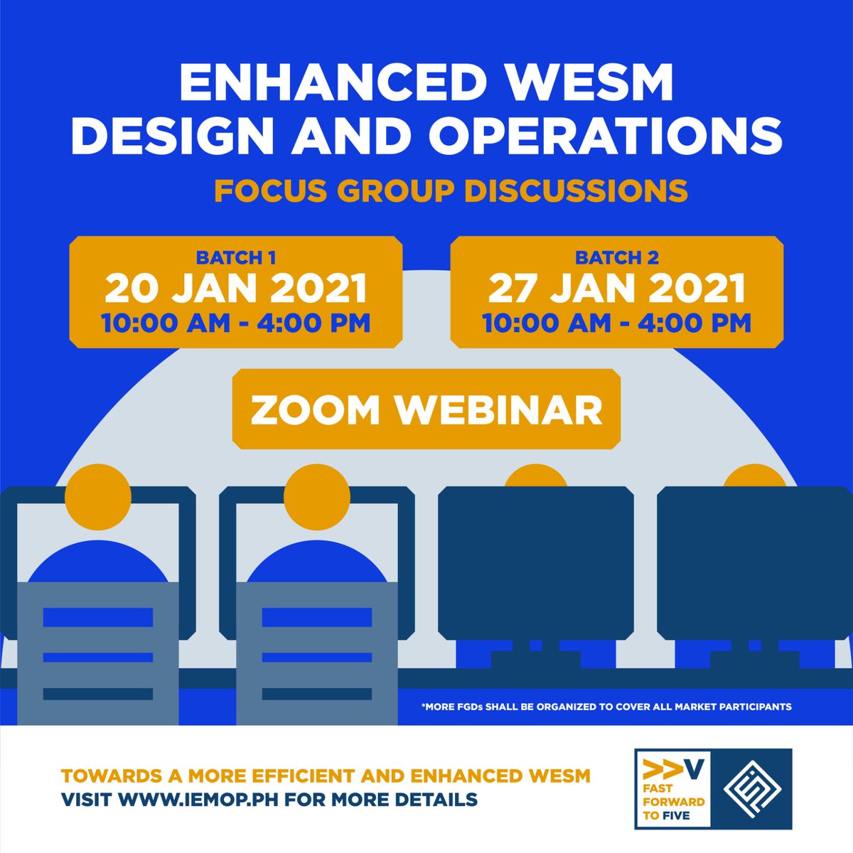 IEMOPinfo's tweet photo. As part of our continuing effort in ensuring that stakeholders are ready for the implementation of the Enhanced WESM Design and Operations (EWDO), IEMOP is organizing several Focus Group Discussions (FGDs) with Market Participants.
#IEMOP #WESM #FastForwardtoFive #EWDO https://t.co/SBpmnm2U06