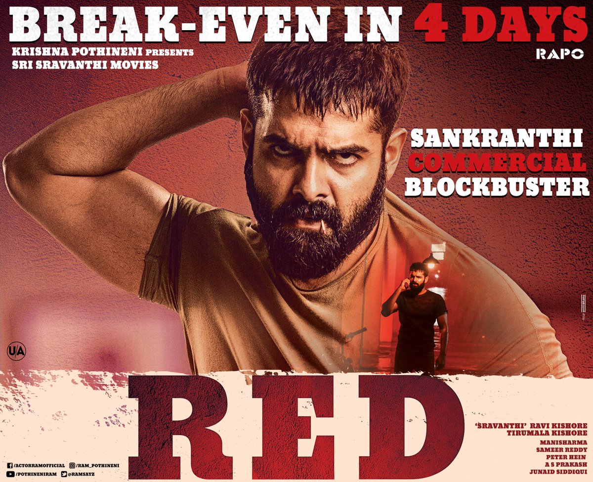Red_TheFilm's tweet photo. Ustaad @ramsayz Mass Thriller #RedTheFilm Breaks Even in 4 Days 🔥🔥
Thank you for the Grand Welcome Back to the Big Screens 🤘

#RedSankranthiBlockbuster #RAPO 

@Nivetha_Tweets @ImMalvikaSharma @Actor_Amritha @DirKishoreoffl #SravanthiRaviKishore #Manisharma @LahariMusic https://t.co/aOz1OFai6z