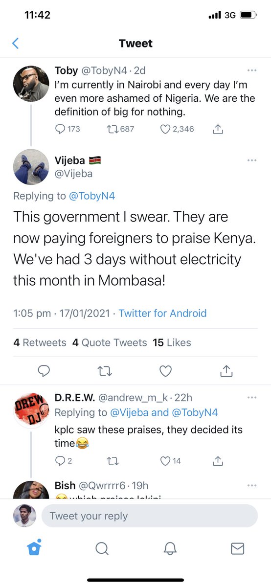 HonAgofure's tweet photo. Very interesting.....just three days without electricity and a Kenyan is agitated....meanwhile in Nigeria??? https://t.co/unTSpqgnSk