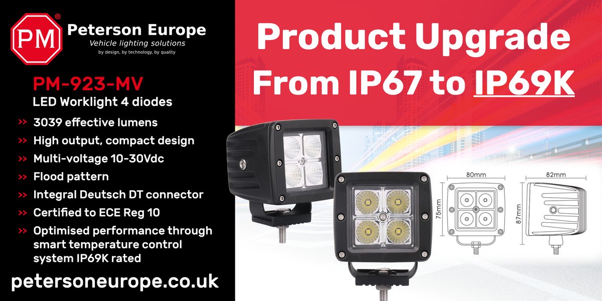 Peterson has upgraded its competitively priced, compact 3” x 3” cube designed LED work light from IP67 to IP69K. For further information visit petersoneurope.co.uk

#PetersonEurope #LEDLighting #Worklight #AuxiliaryLights #VehicleLighting #SafetyLighting #Quality #Reliability