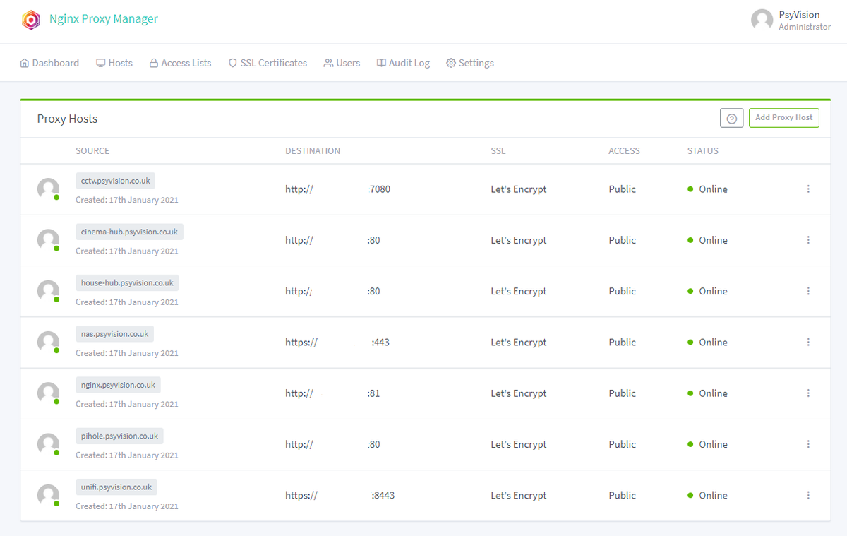 psyvision's tweet image. Switched from @traefik back to @nginx using #NginxProxyManager (github.com/jc21/nginx-pro…) which comes with a really nice UI for Host/SSL setup. Backed by @ubnt for DHCP/vLANs and @The_Pi_Hole for DNS makes for a really clean setup.