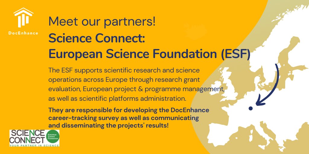 The <a href="/ESF_news/">ESF</a> supports scientific research and operations through research grant evaluation, European project &amp; programme management, scientific platforms administration.
Within #DocEnhance they are responsible for the career-tracking survey, communication and dissemination.