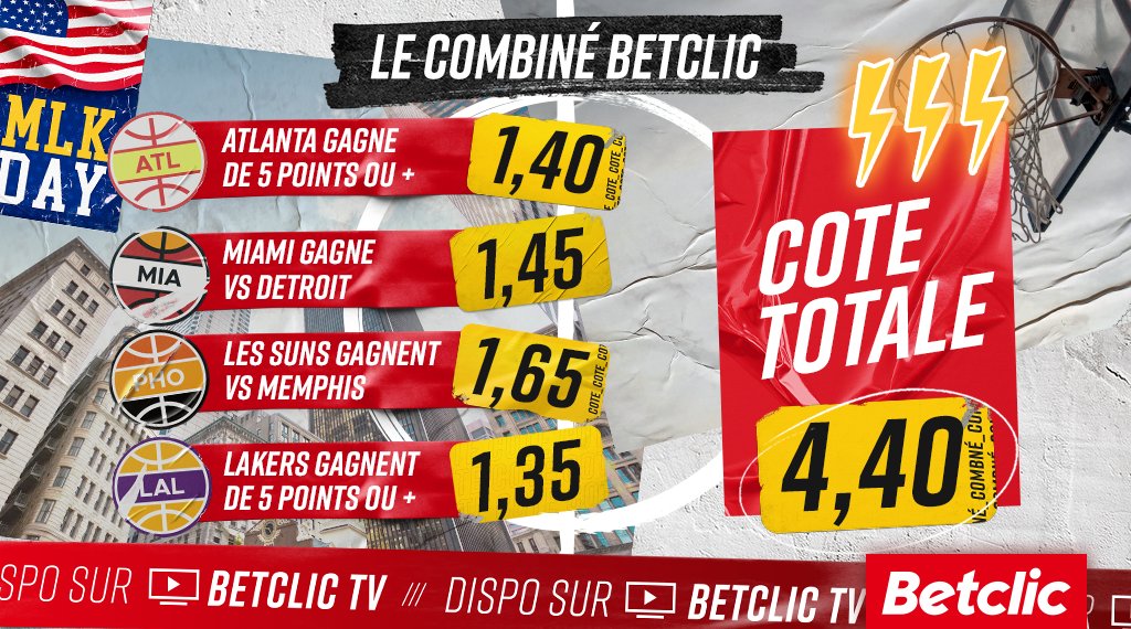 Betclic's tweet photo. 🏀 Un petit combi pour le #MLKDay ?

Il passe ? Parfait ! Il ne passe pas ? On fait gagner 5 x 10€ de Freebets parmi les RT 🔁 https://t.co/FY9KxCpcIN