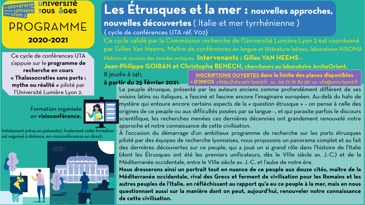 utalyon2's tweet photo. Les Étrusques et la mer : nouvelles approches, nouvelles découvertes (Italie et mer tyrrhénienne).
Ce cycle de #conférences est finalement organisé à distance en #visioconférences en direct
Inscription UTA réf.V02
#Italie #archéologie #recherche #Etrusque
https://t.co/qO8BemsRhX https://t.co/uHdrc14TzQ