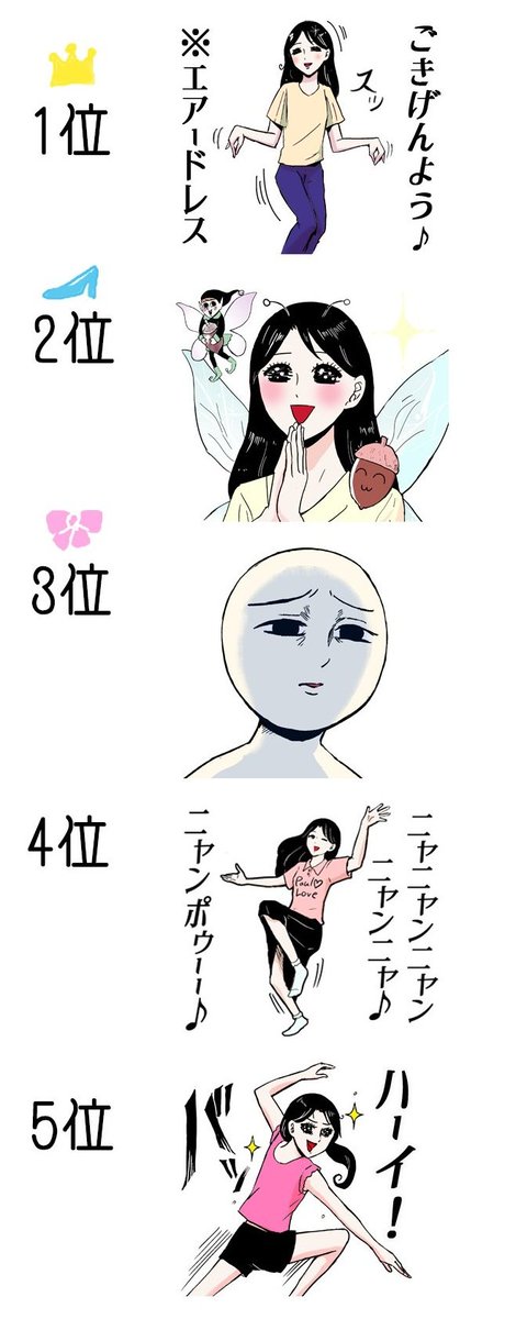 この私の絵たしかにスタンプの人気度で3位だったんだけどちょうど母に挟まれて呆然としてる感じになってる 