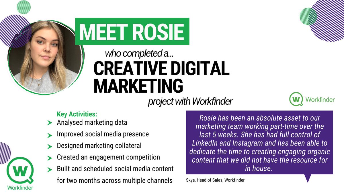 Meet Rosie from <a href="/NorthumbriaUni/">Northumbria Uni</a> who recently completed a Creative Digital Marketing project with <a href="/Workfinderapp/">Workfinder</a>! 🤩 She generated impactful content for the marketing team, putting learned skills to use in a real work environment whilst building her CV! 💫 bit.ly/2WyKeQB