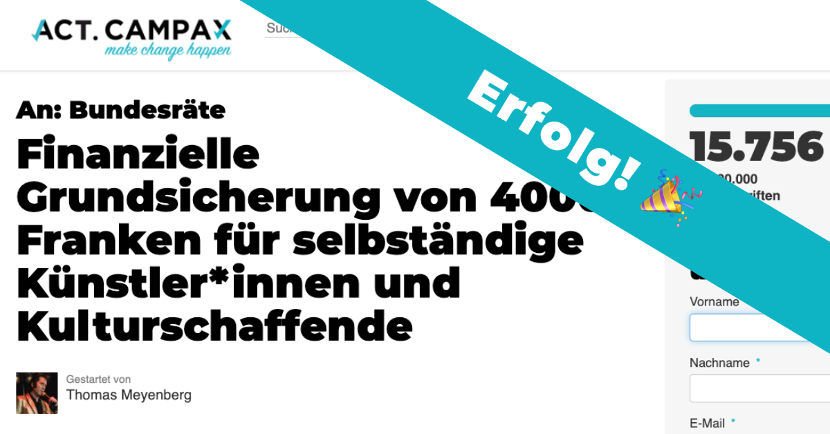 Zürich führt ein Grundeinkommen für Kulturschaffende ein. Wir freuen uns, dass die Petition von Thomas in einem ersten Kanton erhört wurde: Neu gibt es 3840 Franken «Grundeinkommen» für Zürcher Kulturschaffende bis im April.