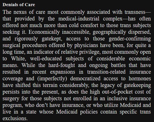 Similarly, here's an introduction in Hil Malatino's (excellent!) "Trans Care" which never explicitly acknowledges that this analyses a specifically US regulatory context, and so that the general analysis is similarly limited.