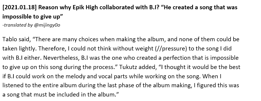 mijingy0o's tweet photo. [2021.01.18] Reason why Epik High collaborated with B.I? “He created a song that was impossible to give up”

Tablo said, “B.I was the one who created a perfection that is impossible to give up on this song during the process.” https://t.co/Juuddz6DVx
