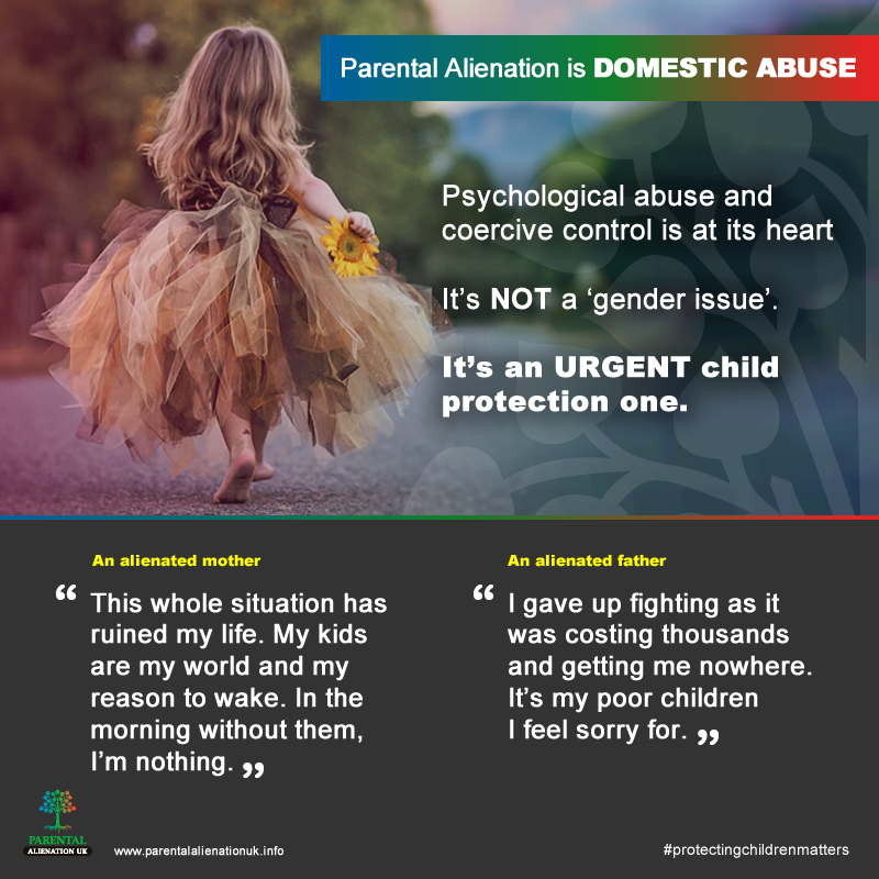 Parental alienation is NOT a 'gender issue'.
It is a serious and URGENT child protection one...
The worst form of abuse anyone can inflict on a safe and loving mother or father other than death itself.
Please share widely.