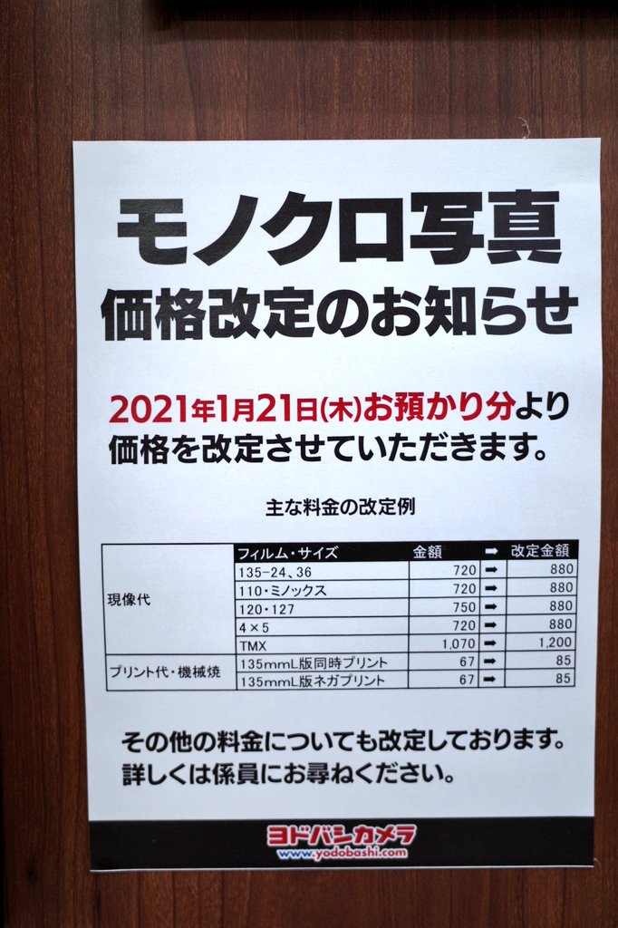 乙城蒼无 Otusiro Aomu ヨドバシカメラではモノクロフィルムの現像 プリントの価格の値上げのお知らせも