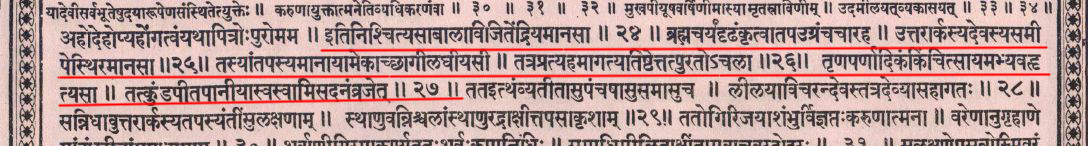 The kindhearted Sulakshana to overcome her sorrow sits on a penance at Uttararka. During her penance she used to observe a goat calf which used to come there everyday & stand still in front of her. In the evening it used to eat grass & leaves & drink the water from the pool. (5)