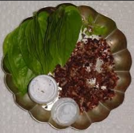 While performing this procedure, a sacred mantra called Anna Suktam is also recited. Teertha / water mixed with herbs is also offered intermittently As a final step, Mukha vasam with betel nut, betel leaves, cardamom, cloves, camphor is offered. Now naivedyam is complete9/