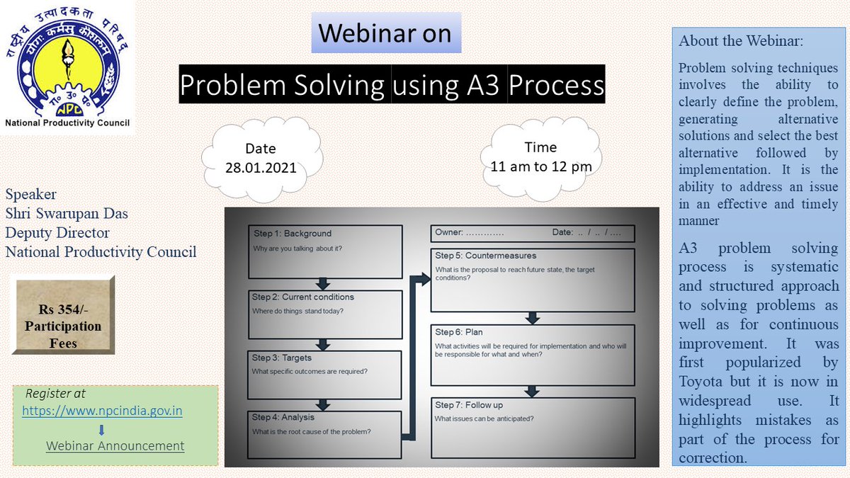 Swarupan Das (@swarupandas) on Twitter photo Join #npcindia #webinar on #problemsolving using A3 Process on 28.01.2021 at 11 AM
#ePass #NPC_INDIA_GOV #KYP
<a href="/GJIMTMohali/">GJIMT Mohali</a> <a href="/NarainaGroup/">Naraina Group</a> <a href="/PCTEgrp/">PCTE Group of Insts.</a> <a href="/HpMilkfed/">HP Milkfed</a> <a href="/HCCB_Official/">Hindustan Coca-Cola Beverages</a> <a href="/htTweets/">Hindustan Times</a> <a href="/officialsliet/">SLIET Longowal</a> <a href="/BCCLofficial/">Bharat Coking Coal Limited</a> <a href="/CoalIndiaHQ/">Coal India Limited</a> <a href="/CGCPunjab/">CGC Landran</a> <a href="/easterncoal/">Eastern Coalfields Limited</a> <a href="/TeamWCL/">Western Coalfields Ltd.</a> Join #npcindia #webinar on #problemsolving using A3 Process on 28.01.2021 at 11 AM
#ePass #NPC_INDIA_GOV #KYP
<a href="/GJIMTMohali/">GJIMT Mohali</a> <a href="/NarainaGroup/">Naraina Group</a> <a href="/PCTEgrp/">PCTE Group of Insts.</a> <a href="/HpMilkfed/">HP Milkfed</a> <a href="/HCCB_Official/">Hindustan Coca-Cola Beverages</a> <a href="/htTweets/">Hindustan Times</a> <a href="/officialsliet/">SLIET Longowal</a> <a href="/BCCLofficial/">Bharat Coking Coal Limited</a> <a href="/CoalIndiaHQ/">Coal India Limited</a> <a href="/CGCPunjab/">CGC Landran</a> <a href="/easterncoal/">Eastern Coalfields Limited</a> <a href="/TeamWCL/">Western Coalfields Ltd.</a>