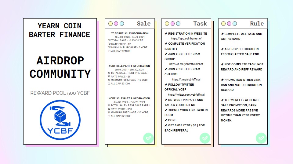 ycbfofficial's tweet photo. 🪂  YEARN COIN BARTER FINANCE AIRDROP  🪂

💰 REWARD - 0.05 YCBF ($30)
💰 REWARD POOL - 500 YCBF
📅 DISTRIBUTION FEB 2021
📌 YCBF SALE EVENT INFORMATION https://t.co/8B5yGKkGJf

🔔 FORM AIRDROP LINK : https://t.co/RdLqokHX6V

#YearnCoinBarterFinance #YCBF #AIRDROP #DeFi https://t.co/ow9ecLtyzW