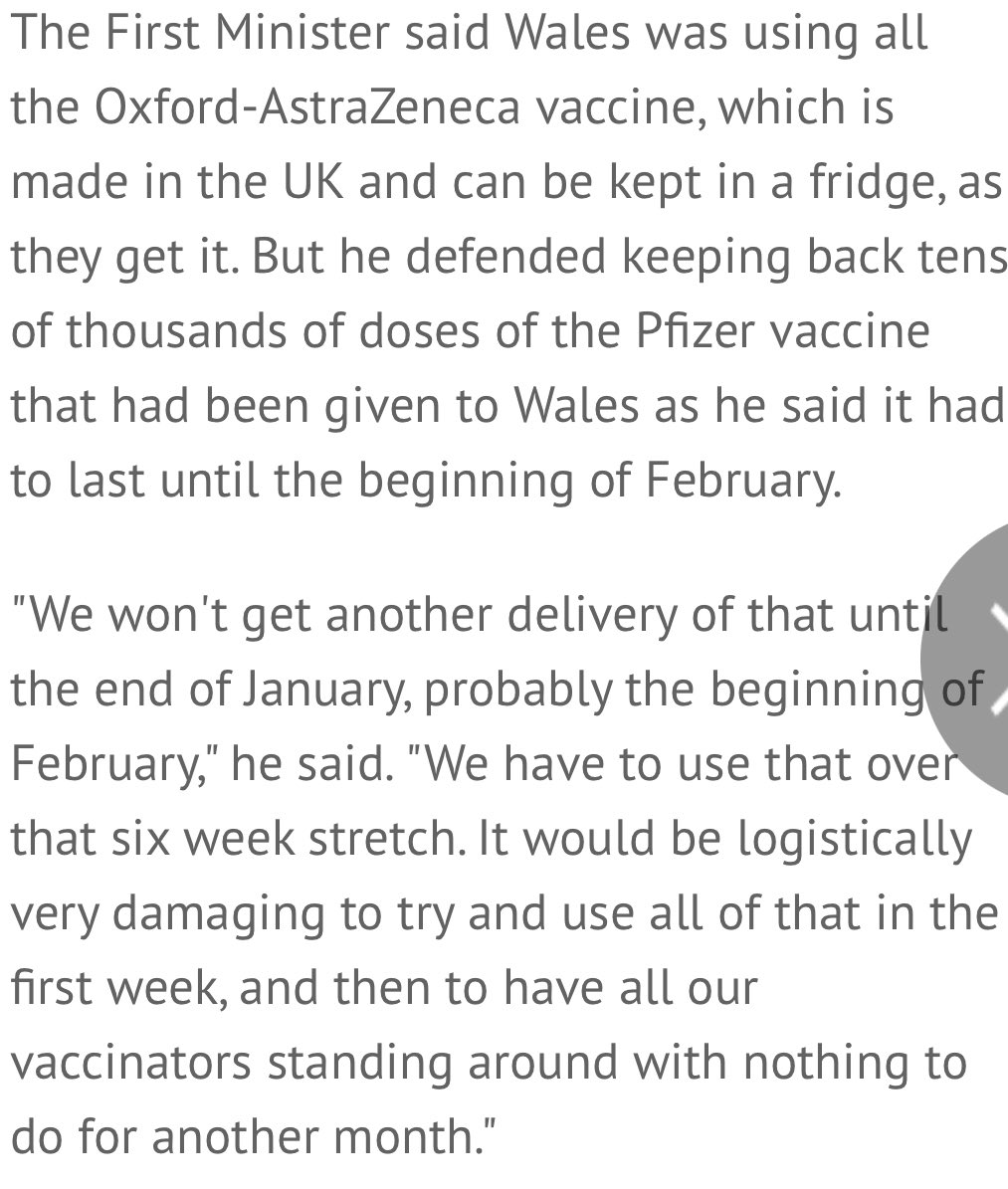 Logistics over lives? <a href="/BBCWales/">BBC Wales 🏴󠁧󠁢󠁷󠁬󠁳󠁿</a> How has <a href="/MarkDrakeford/">Mark Drakeford 🏴󠁧󠁢󠁷󠁬󠁳󠁿</a> flown under the radar after saying he is holding back #Pfizer vaccines in case of “vaccinators standing around with nothing to do for another month”? If <a href="/BorisJohnson/">Boris Johnson</a> or <a href="/NicolaSturgeon/">Nicola Sturgeon</a> said this, there would be pandemonium!