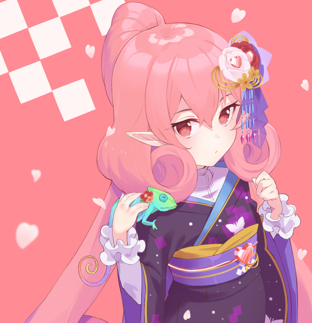 1girl pink hair long hair pointy ears japanese clothes kimono solo  illustration images