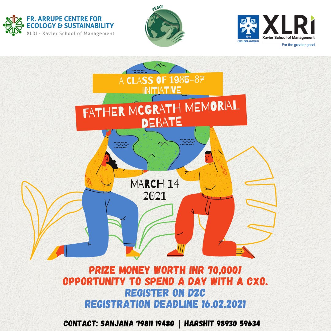 XLRIJamshedpur's tweet photo. #XLRI batch of 1985-87 along with PEACE, XLRI brings to you the very first edition of the Fr. McGrath Memorial Debate on the theme of 'Responsible Leadership for the Greater Good", kicking off with a quiz on 18th Feb.
To register: https://t.co/GwjxJuQZOs
#xlmj #InsideXL https://t.co/bbbxr6vLro