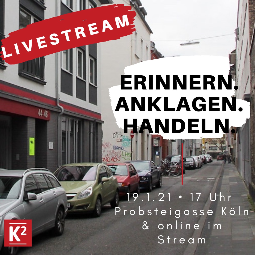 CologneK2's tweet photo. Am 19.01. werden wir unsere Kundgebung zum Gedenken der Opfer des #NSU-Anschlags auf die #Probsteigasse auch im Live-Stream senden: 
https://t.co/I4FmQcarhI
Also teilt den Link mit euren Freund:innen, Familien und anderen Inis, damit die Anschläge nicht in Vergessenheit geraten! https://t.co/W5NB6dig0X