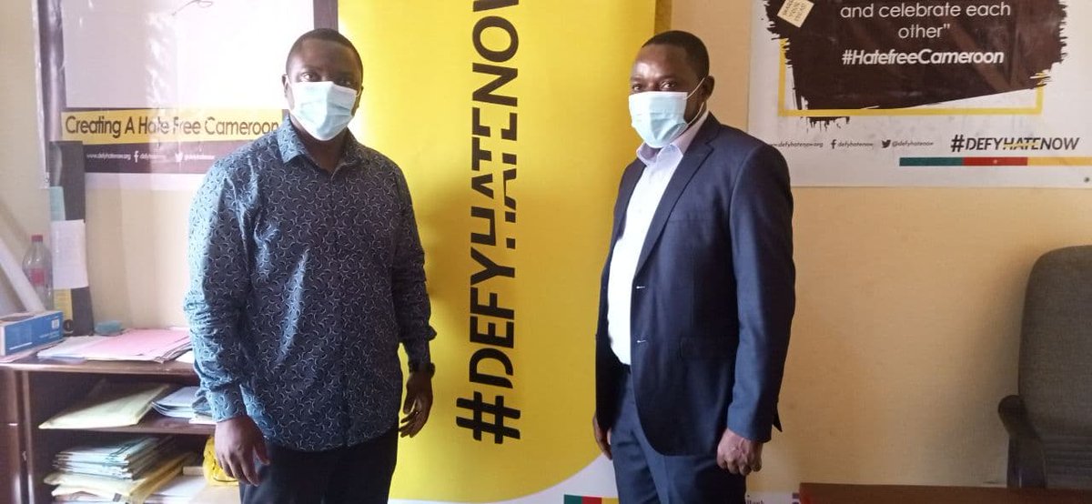 DefyhatenowWCA's tweet photo. #OurVisitors
#defyhatenow officially congratulates @EugeneSeniorNDI on his election as Yaounde Chapter President of Cameroon Association of English-speaking Journalists (@CamasejY).
We discussed avenues 4 collaboration on countering mis+disinformation in the media. #Media4Peace https://t.co/UDHDw626jt