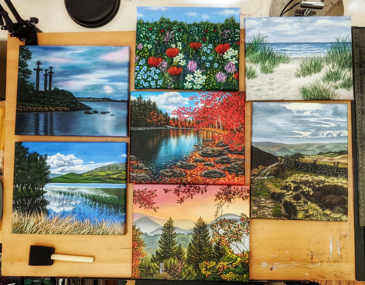 NorskViking1's tweet photo. My little clutch of oil paintings all varnished! #gamvar #oilpaintings #landscapeartwork #landscapepainting #oillandscape #smallworks #lockdownart #mondaymood #mondayvibes #mondaymotivation #oilartist #oilartwork #dalerrowney #royaltalens #oiloncanvas #landscapeart https://t.co/BCKW8cg41J