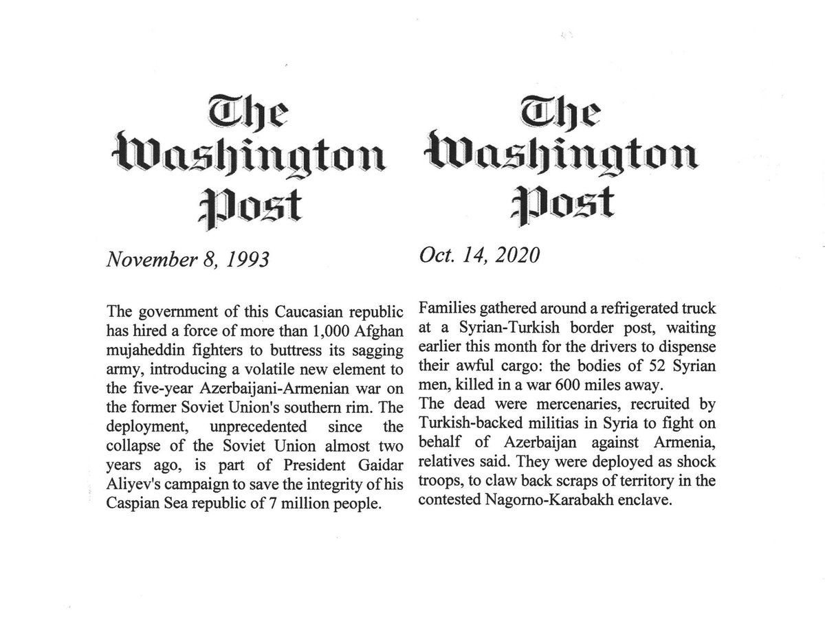 MT <a href="/Armembsuisse/">Armenia in Geneva</a>: #Azerbaijan recruited foreign #terrorist fighters for the war in #NagornoKarabakh both in 1993 and 2020. Here are excerpts from <a href="/washingtonpost/">The Washington Post</a> reports then and now