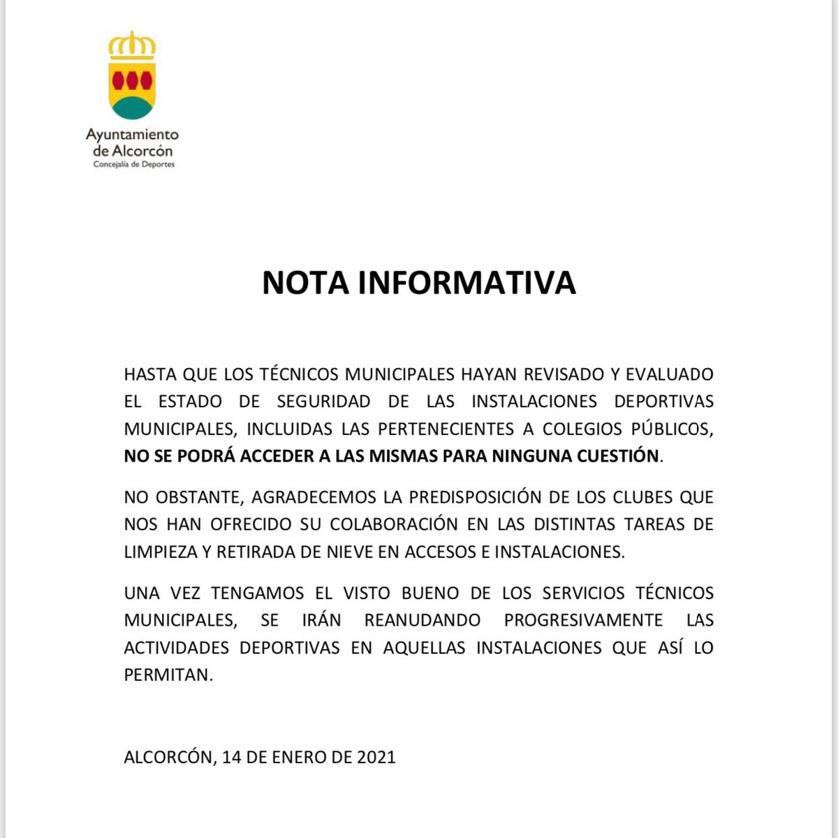 Recordamos a todos los clubes y deportistas que no está permitido el acceso a ninguna instalación deportiva de #Alcorcón hasta nueva orden. ❄️