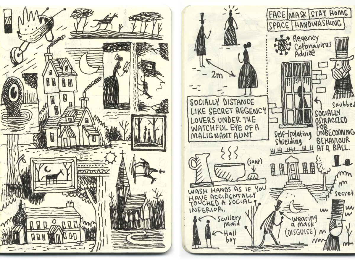 Some notebook doodles related to my Regency/Coronavirus cartoon: https://t.co/MekIajZCYP