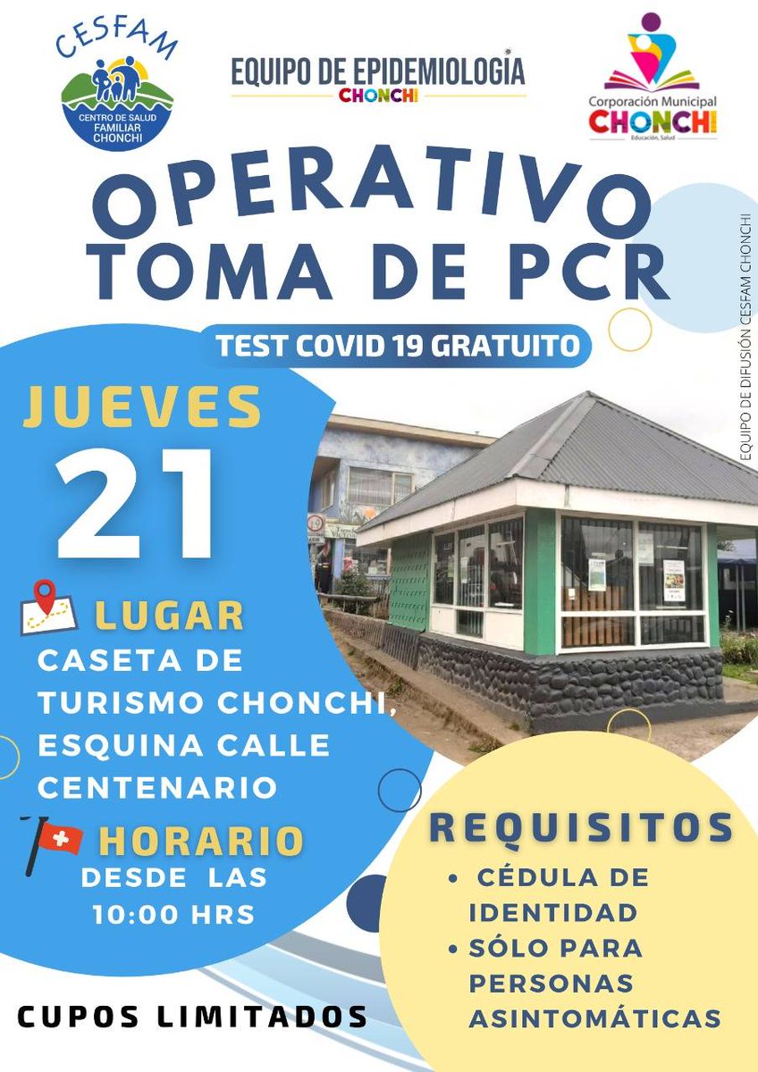 #cesfamchonchi  informa que este jueves 21 se realizará operativo toma de PCR 
Lugar caseta de turismo Chonchi
Horario desde las 10:00
Requisitos cédula identidad y solo personas sin síntomas