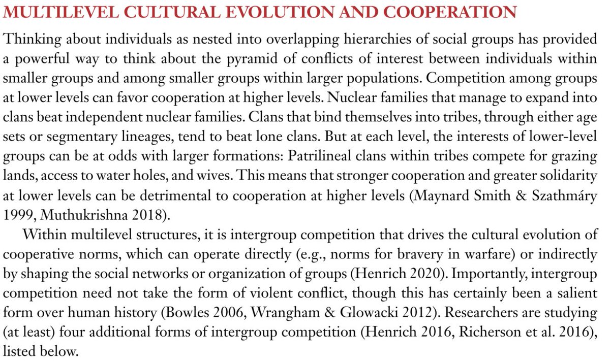 So you have societies w/ diff norms & sustained by different mechanisms of cooperation. Which ones spread? Competiton w/ sufficient resources can favor higher scales, but lower scales can undermine higher scales - corruption or autocracy or insurrection etc. Need alignment. 11/