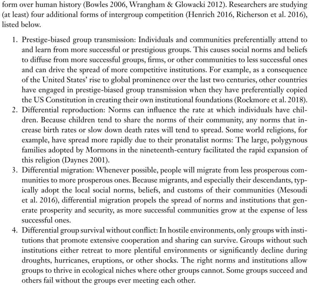 So you have societies w/ diff norms & sustained by different mechanisms of cooperation. Which ones spread? Competiton w/ sufficient resources can favor higher scales, but lower scales can undermine higher scales - corruption or autocracy or insurrection etc. Need alignment. 11/