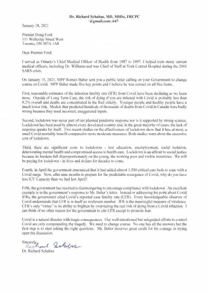 OnCall4ON's tweet photo. Dr Richard Schabas, former Ontario Chief Medical Officer, has sent a letter to @fordnation against lockdowns

Dr. Schabas, who trained Dr David Williams, adds: "Our well-intentioned but misguided efforts to control Covid are only compounding the tragedy. We need to change course” https://t.co/oI95UTk7J9
