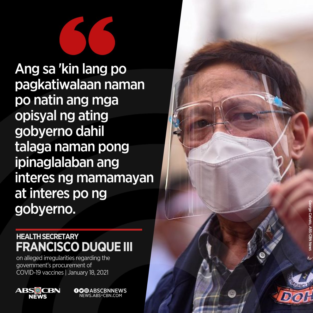 ABSCBNNews's tweet photo. TIWALA LANG. Health Sec. Francisco Duque III called on the public to trust government officials amid concerns on the supposed lack of transparency in PH's COVID-19 vaccine negotiations. https://t.co/Ard8uUeVa0