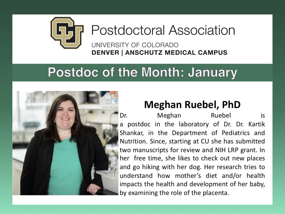 denverpostdocs's tweet photo. #happymonday #postdocs
We're happy to announce the "Postdoc of the Month": January 2021, Meghan Ruebel, PhD @ruebarb_pie postdoc in @kshankar110 lab. Her research tries to understand how the mother’s diet and/or health impacts the health of her baby. Congrats! https://t.co/Ybjf38Wh5N