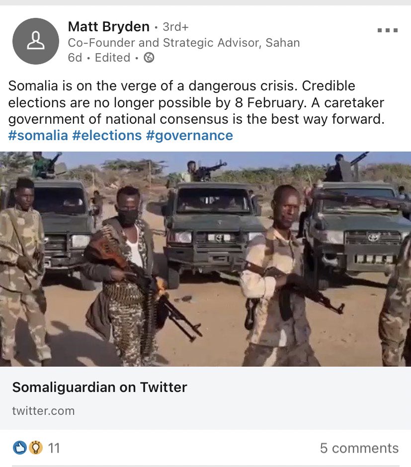 The story originally appeared on SomaliGuardian, a website with a domain that costs thousands of dollars which Matt Bryden regularly promotes, as seen in this picture. It has become evident that Somali Guardian is a Sahan ran news page used to push false narratives.