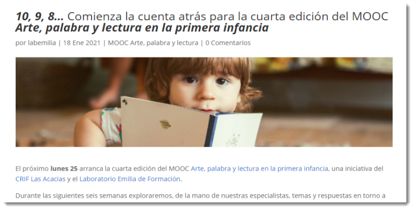 Preparados, listos... Casi casi empieza ya la 4ª ed. del #MOOC Arte, palabra y lectura en la primera infancia #LecturaCRIF, iniciativa del <a href="/CRIFAcacias/">CRIF Las Acacias</a> y <a href="/labEmilia/">Laboratorio Emília</a>. Mira la primera entrada de nuestro blog: bit.ly/38UMGaT ¡Aún puedes apuntarte! 👉 bit.ly/39OLipI