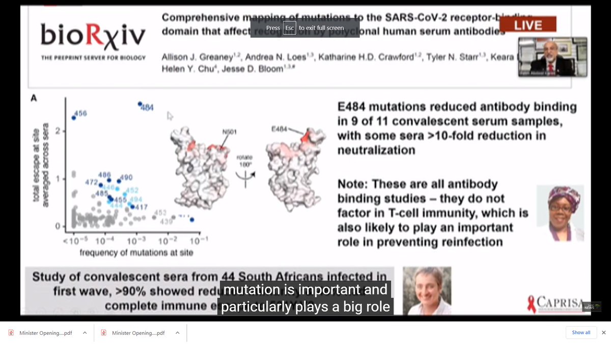 miamalan's tweet photo. #ProfKarim: At least one of the mutations on the #501yv2 variant, allows it to escape the immunity (antibodies) of people who have been infected with #SARSCov2 before. But this doesn't have an influence on T-cell immunity, which also plays an important role in immunity. https://t.co/khaRCShf6Q